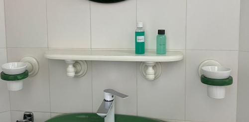 a bathroom with a shelf on the wall with a green sink at Chambre sur la falaise de Pontaillac in Vaux-sur-Mer