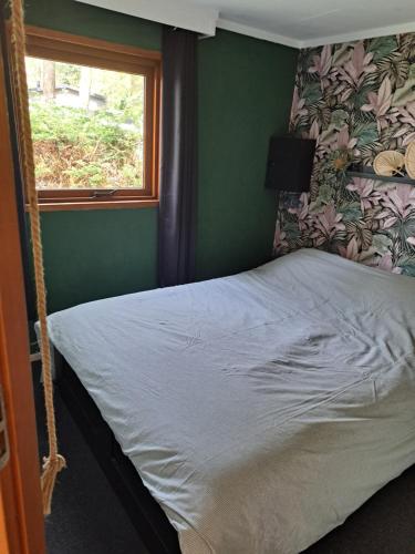 1 dormitorio con cama colgante y ventana en Knusse chalet in een schitterende omgeving, en Vledder