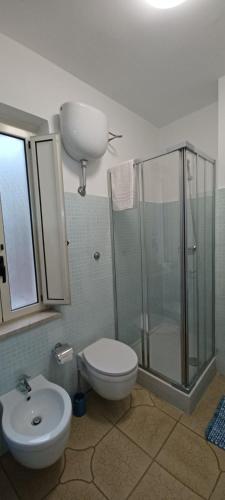 a bathroom with a shower and a toilet and a sink at La Casa di Chicca in Camigliatello Silano