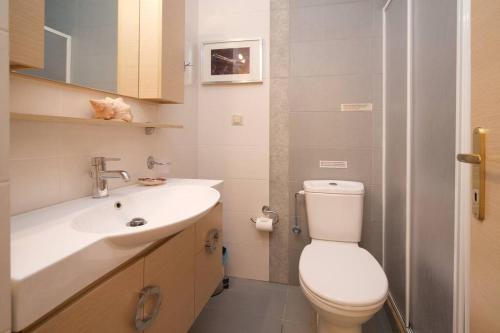 ein Badezimmer mit einem weißen WC und einem Waschbecken in der Unterkunft Aelia luxury apartment with private entrance in Karavomylos