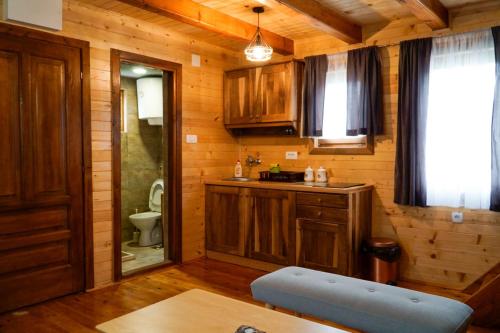a room with a bathroom with a toilet and a sink at FOREST&LAKE COTTAGES in Virpazar