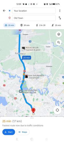 a screenshot of a map with a blue line at Star Airport Residence in Otopeni