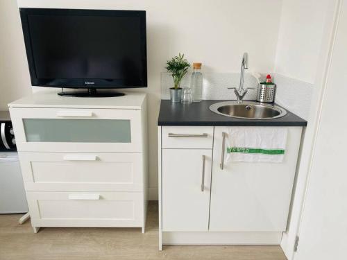 a bathroom with a sink and a tv on a counter at Studio close to Camden in London