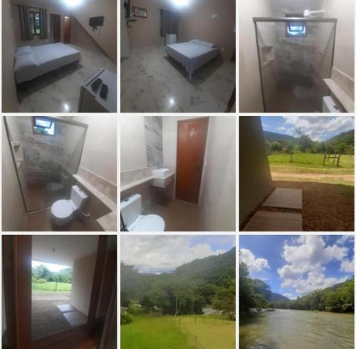 a collage of photos of a room with a view at Serra Mar à beira rio , rafting, suites, lofts, e Casas in Casimiro de Abreu