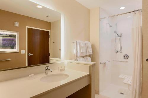 a bathroom with a sink and a shower at Fairfield Inn & Suites by Marriott Decatur at Decatur Conference Center in Decatur