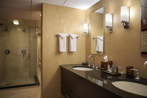 uma casa de banho com um lavatório e um chuveiro em Cleveland Marriott Downtown at Key Tower em Cleveland