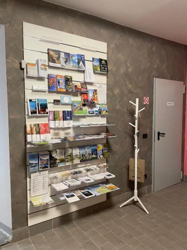 a store with a display of books on a wall at Casa del Borgo "Terra & Fuoco" sul Lago Maggiore in Maccagno Inferiore