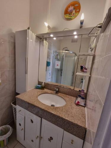 une salle de bain avec un lavabo et un miroir dans l'établissement Porquerolles - La Porquerollaise, à Porquerolles