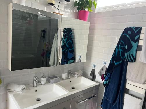 ein Bad mit einem Waschbecken und einem Spiegel in der Unterkunft Maison avec piscine chauffée in Peigny