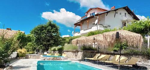 a villa with a swimming pool in front of a house at Lisets Villa in Gorna Brestnitsa