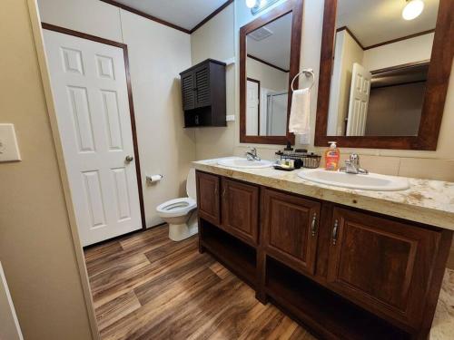 a bathroom with a sink and a toilet and a mirror at River Dreams Cabins & Glamping in Concan