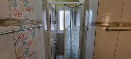 uma casa de banho com um chuveiro e uma porta de vidro em Flora's Boutique Apartment at the heart of Corfu em Corfu Town