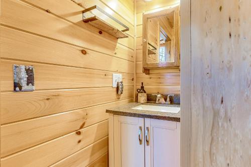 La salle de bains est pourvue d'un lavabo et d'un mur en bois. dans l'établissement Lake Adventures, à Greenville
