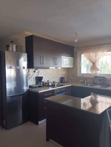 a kitchen with a stainless steel refrigerator and a counter at Villa View in Oropós