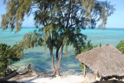 a tree and a straw umbrella on a beach at Seasons Lodge Zanzibar in Pongwe