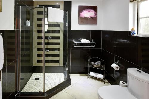 uma casa de banho com um chuveiro e um WC. em The Coach House em Franschhoek
