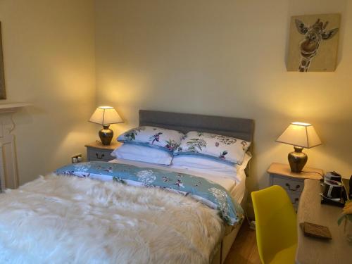 een slaapkamer met een bed met 2 nachtkastjes en 2 lampen bij Mountroyal Victorian Self Catering Apartments in Belfast