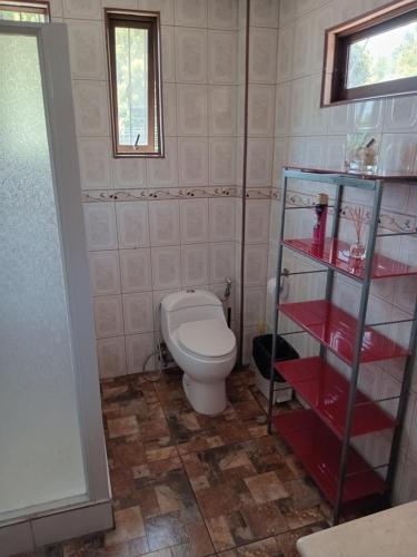 a bathroom with a toilet and a glass shelf at La casa di Gio in Santiago
