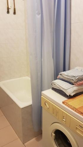 a bathroom with a washing machine and a shower at La casetta in Domaso