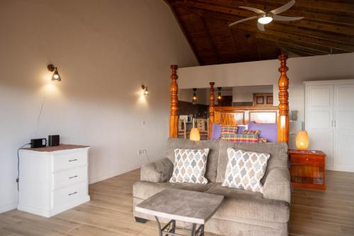 a living room with a couch and a table at Belle Etoile - Celestial Hideaway in Soufrière