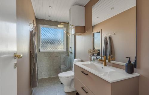 a bathroom with a sink and a toilet and a shower at Amazing Home In Hvide Sande With 3 Bedrooms, Sauna And Wifi in Bjerregård