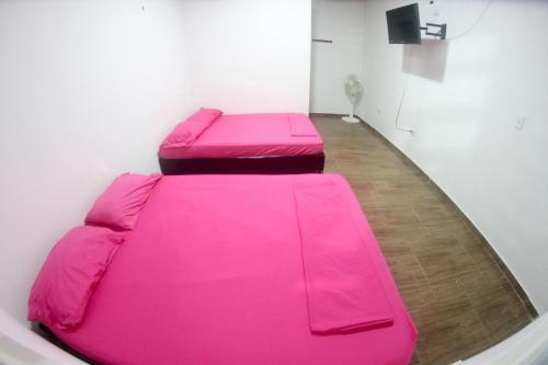 阿卡西亞斯的住宿－BAHIA MALECON，一张大粉红色沙发坐在房间里