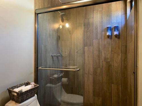 a bathroom with a shower with a toilet and a sink at Coquenas del Valle in Valle de Guadalupe