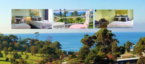 un collage di tre foto di una camera d'albergo di Mollymook Ocean View Motel Rewards Longer Stays -over 18s Only a Mollymook