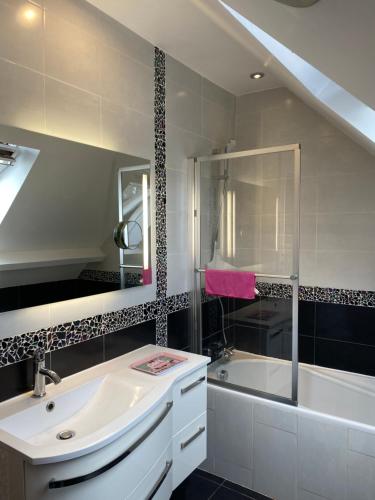 uma casa de banho com um lavatório, um chuveiro e uma banheira em Laetisteph em Neuilly-sur-Marne