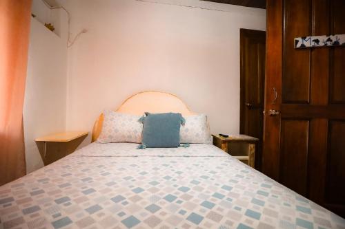 ein Schlafzimmer mit einem Bett mit einem blauen Kissen darauf in der Unterkunft Cat in The Cup B&B in Bocas del Toro