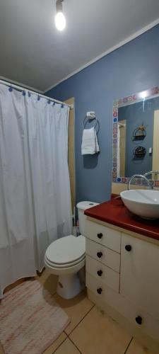y baño con aseo blanco y lavamanos. en Depto Valparaiso, en Temuco