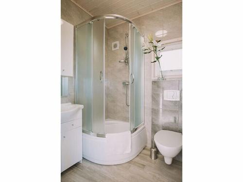 a bathroom with a shower and a sink and a toilet at Cottage in Bobolin near Sandy Beach in Bobolin