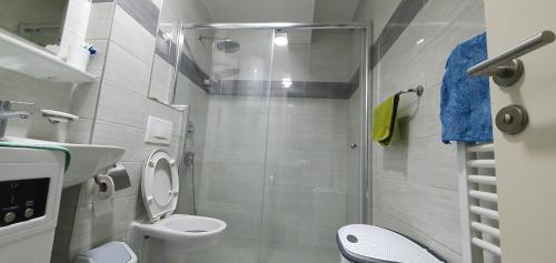 y baño pequeño con aseo y ducha. en Modern Apartment in Zenica, en Zenica