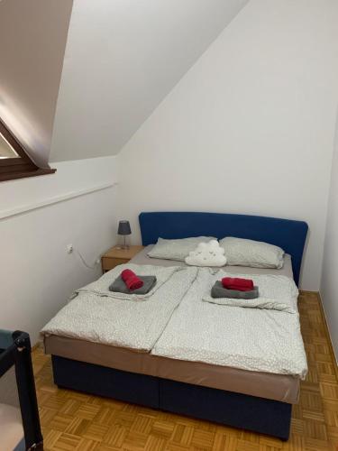 een slaapkamer met een bed met 2 kussens erop bij Lotty in Čatež ob Savi