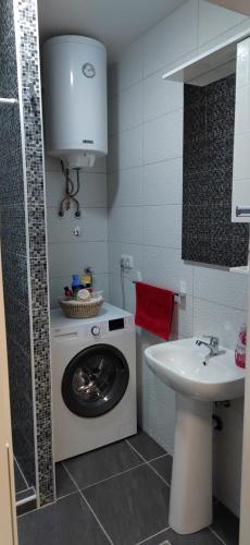 a bathroom with a washing machine and a sink at Ping in Lukavica