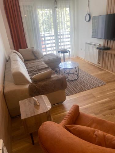 a living room with a couch and a table at Zlatni dar in Žabljak