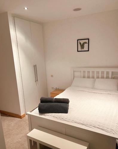 una camera da letto con un letto con un cuscino nero di Dublin city private room and private bathroom a Dublino