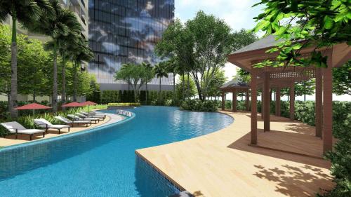 a rendering of a swimming pool with chairs and a gazebo at Apartment Podomoro City Deli Medan in Medan