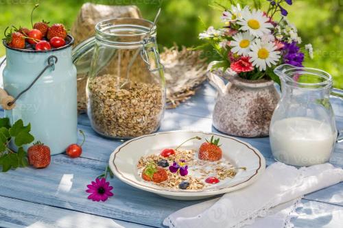 een tafel met een bord met ontbijtgranen, aardbeien en melk bij Villa Galgani in Lucca