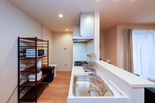 a kitchen with a large sink and a shelf at Higashi Komagata House in Tokyo