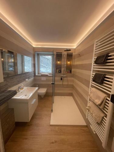 een badkamer met een douche en een wastafel bij The Coffee Jacket Apartment in Chemnitz