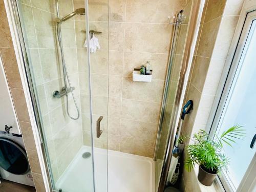 a bathroom with a shower with a glass shower stall at Cozy apartment in Hampstead Heath in London