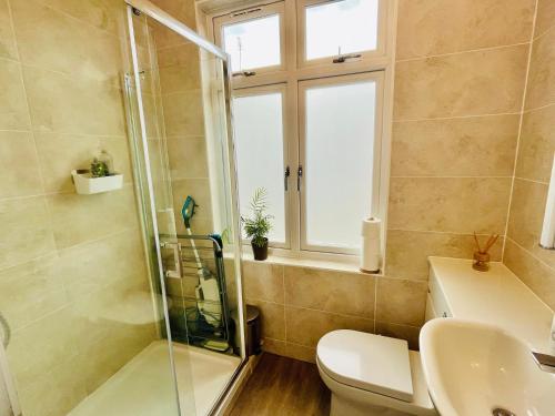 a bathroom with a shower and a toilet and a sink at Cozy apartment in Hampstead Heat in London