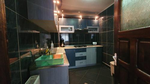 a small kitchen with a sink and a stove at Pensiunea Paula in Moieciu de Sus