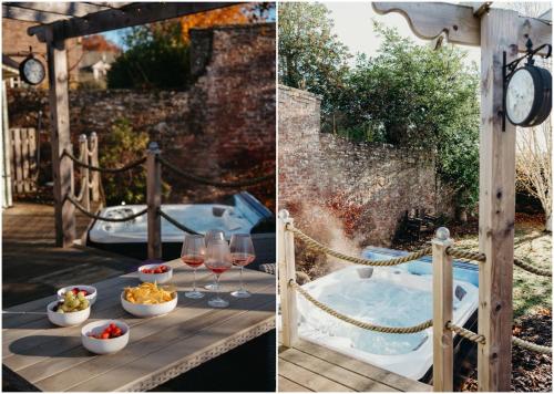 dos fotos de una mesa con copas de vino y una bañera de hidromasaje en Large Holiday Home perfect for family gatherings en Angus