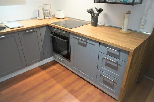 a kitchen with a counter with a sink and a stove at Mill Valley Appart in Koblenz