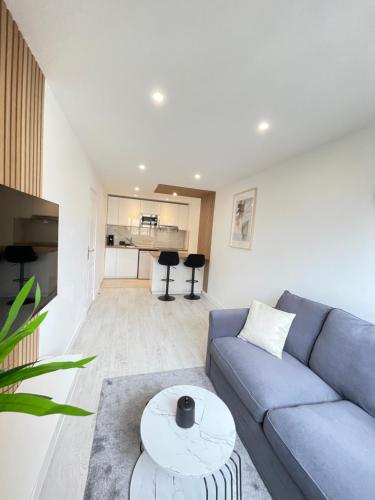 un salon avec un canapé bleu et une table dans l'établissement Charmant T2, à 15 min de Paris, à Argenteuil