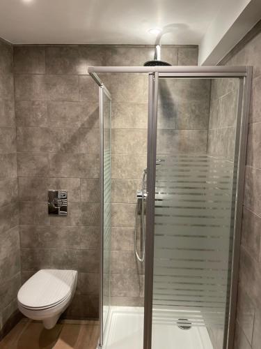 a bathroom with a shower and a toilet at Chambres d’hôtes plateau des mille étangs in Belonchamp