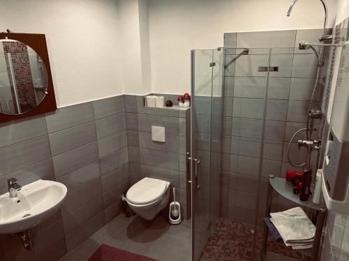 y baño con ducha, aseo y lavamanos. en Piano Apartment Halle - Netflix - Free WiFi 4, en Halle an der Saale