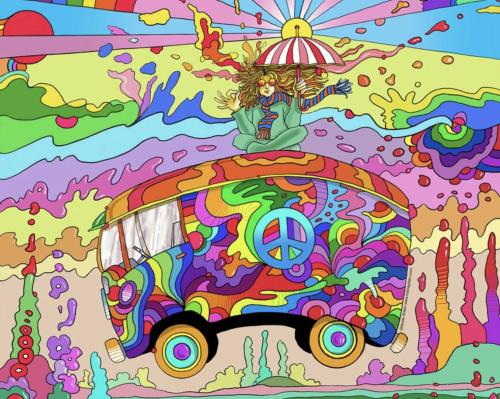 a colorful painting of a woman sitting on a car with an umbrella at @gatetothewild in Coreglia Ligure